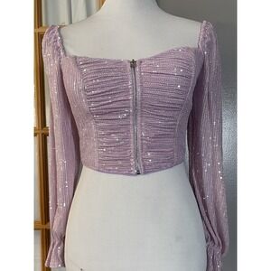 Papaya Shimmery Cropped Blouse Sz S Sequins Lavender Front Zip Balloon Sleeve